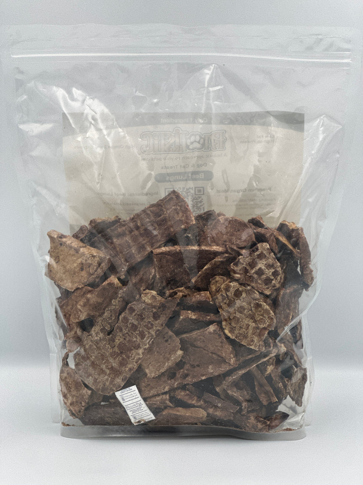 Package of 1 lb Pawlistic Beef Lungs dog and cat treats, showcasing the premium, natural snacks made from free-range, grass-fed beef. The packaging highlights its single-ingredient, hormone-free, and antibiotic-free features, emphasizing the nutritious benefits for pets.