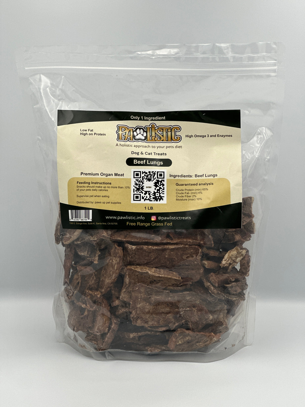Package of 1 lb Pawlistic Beef Lungs dog and cat treats, showcasing the premium, natural snacks made from free-range, grass-fed beef. The packaging highlights its single-ingredient, hormone-free, and antibiotic-free features, emphasizing the nutritious benefits for pets.