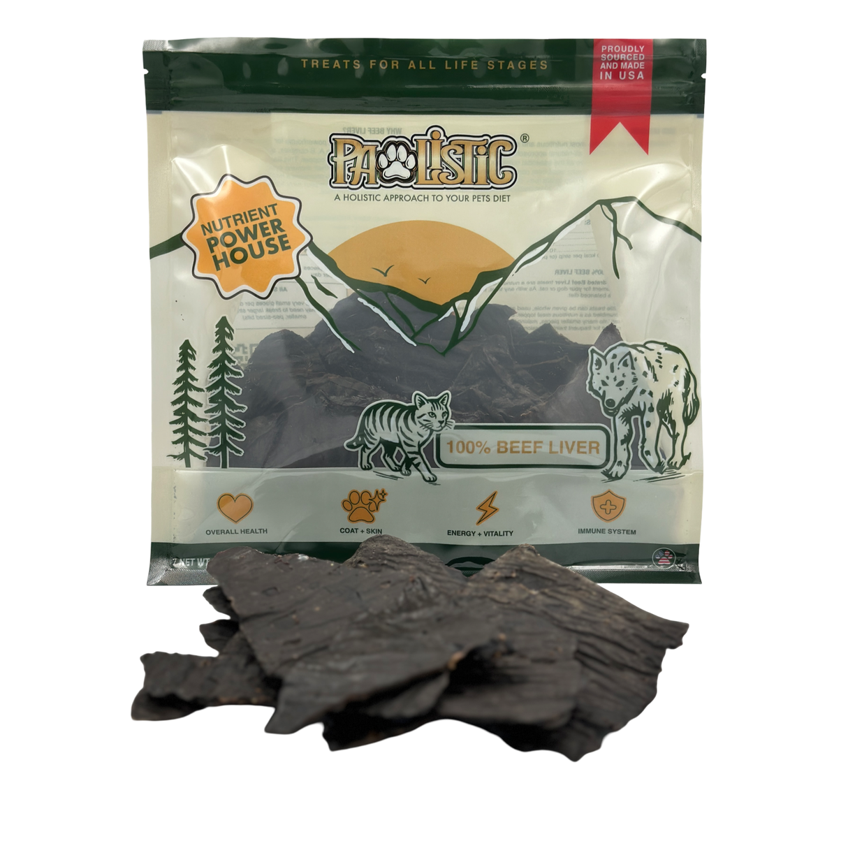An eye-level shot of a ProLiscit Pawlistic Beef Liver Treats bag, placed upright with its front panel facing the camera, while several individual beef liver treats are scattered in front of it. The packaging displays the brand's logo, the "Pawlistic Beef Liver Treats" product name, and a stylized image of the product, creating a clear visual of both the packaging and the treats themselves.