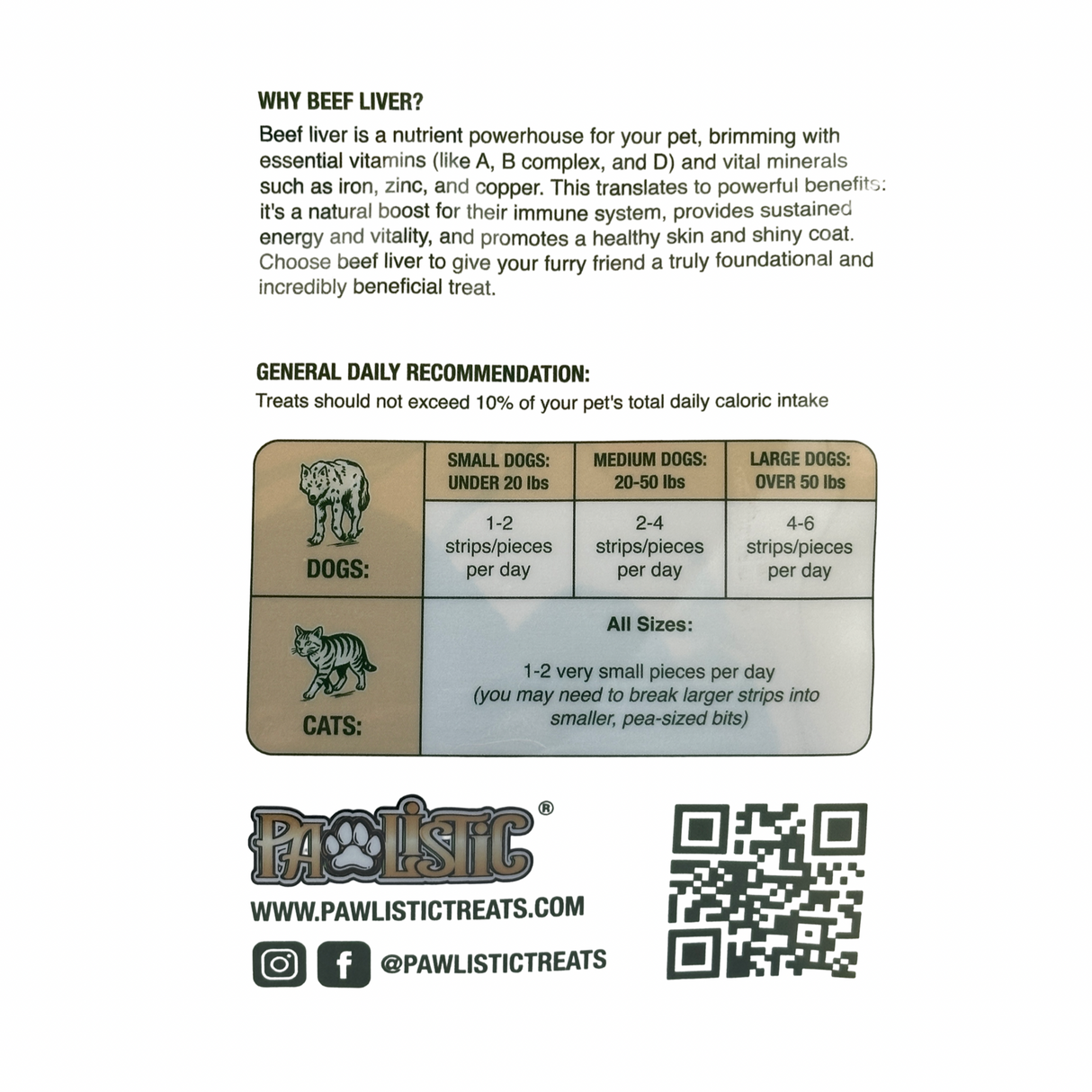 An eye-level shot of the back of the ProLiscit Pawlistic Beef Liver Treats packaging, featuring a clear, easy-to-read chart detailing recommended feeding guidelines based on a dog's weight and size.