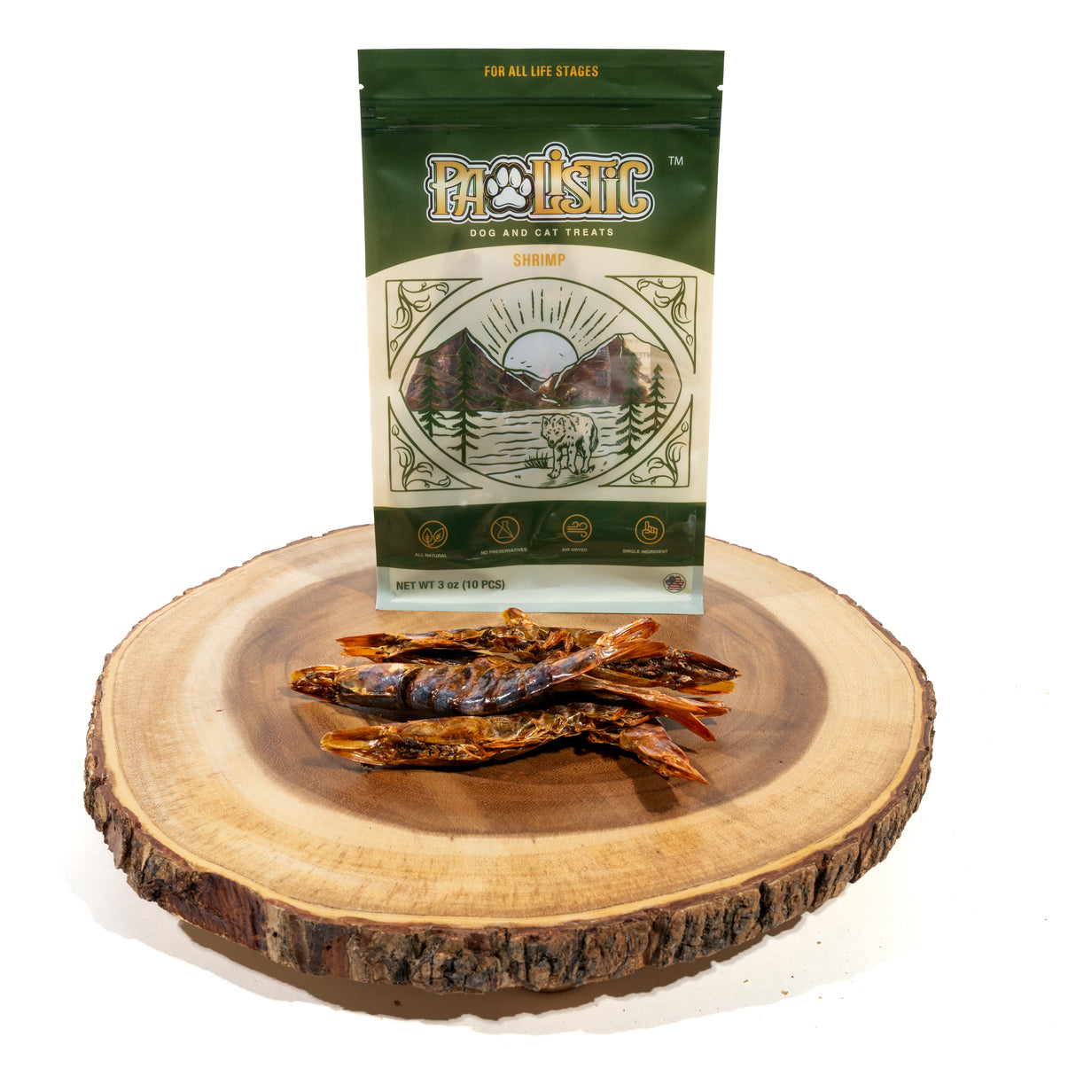 Image of Pawlistic Shrimp Treats for dogs and cats, displayed attractively in front of the packaging. These all-natural, high-protein treats emphasize their quality and highlight the nutritional benefits and delicious flavor that pets will love.
