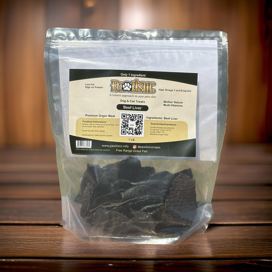 Package of 1 lb Pawlistic Beef Liver dog and cat treats, showcasing the premium, natural treats made from free-range, grass-fed beef. The packaging highlights its single-ingredient, hormone-free, and antibiotic-free features, emphasizing the nutritious benefits for pets.