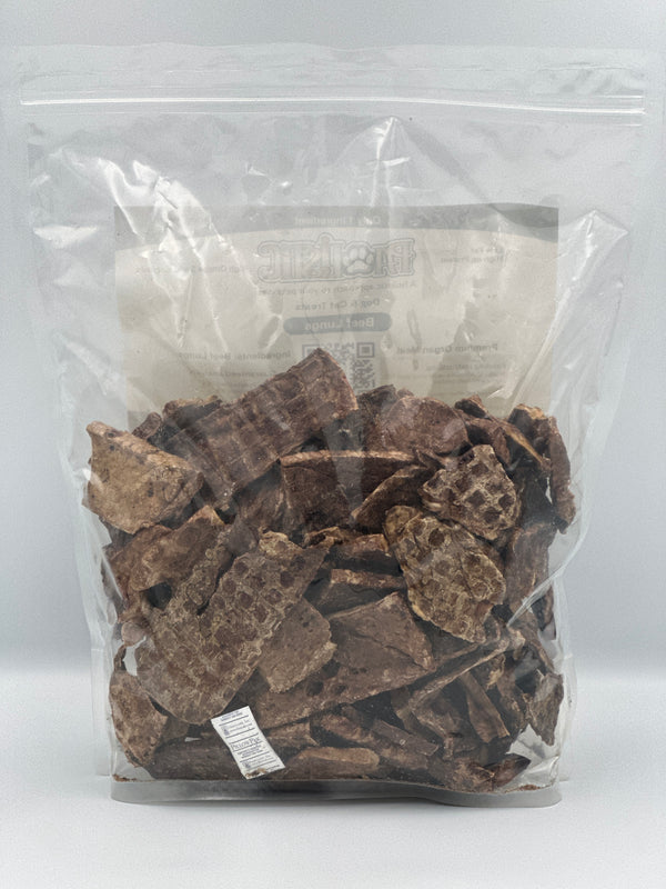 Package of 1 lb Pawlistic Beef Lungs dog and cat treats, showcasing the premium, natural snacks made from free-range, grass-fed beef. The packaging highlights its single-ingredient, hormone-free, and antibiotic-free features, emphasizing the nutritious benefits for pets.