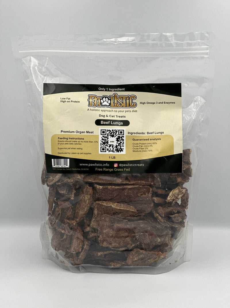 Package of 1 lb Pawlistic Beef Lungs dog and cat treats, showcasing the premium, natural snacks made from free-range, grass-fed beef. The packaging highlights its single-ingredient, hormone-free, and antibiotic-free features, emphasizing the nutritious benefits for pets.