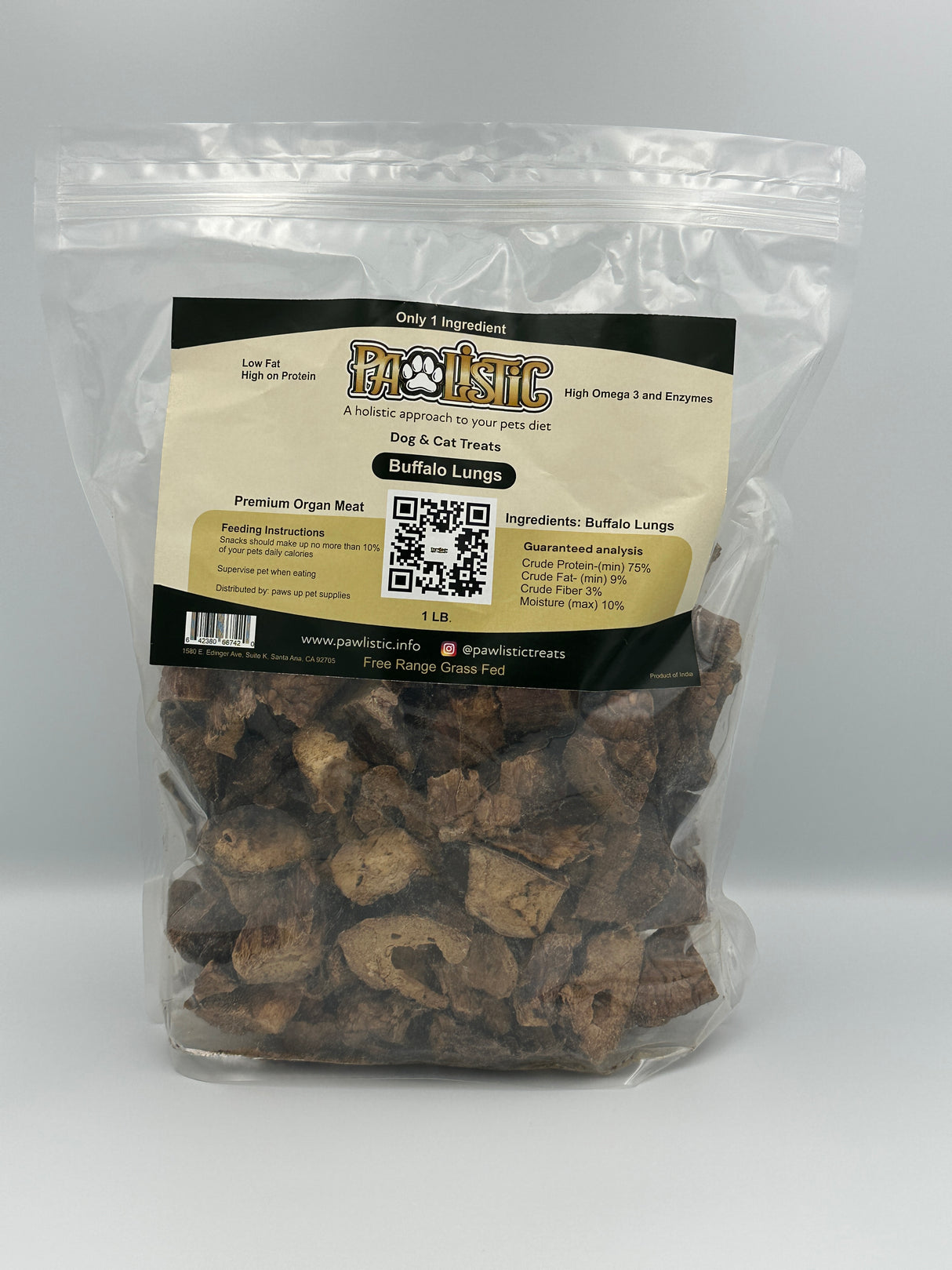 Package of 1 lb Pawlistic Beef Lungs dog and cat treats, showcasing the premium, natural snacks made from free-range, grass-fed beef. The packaging highlights its single-ingredient, hormone-free, and antibiotic-free features, emphasizing the nutritious benefits for pets.