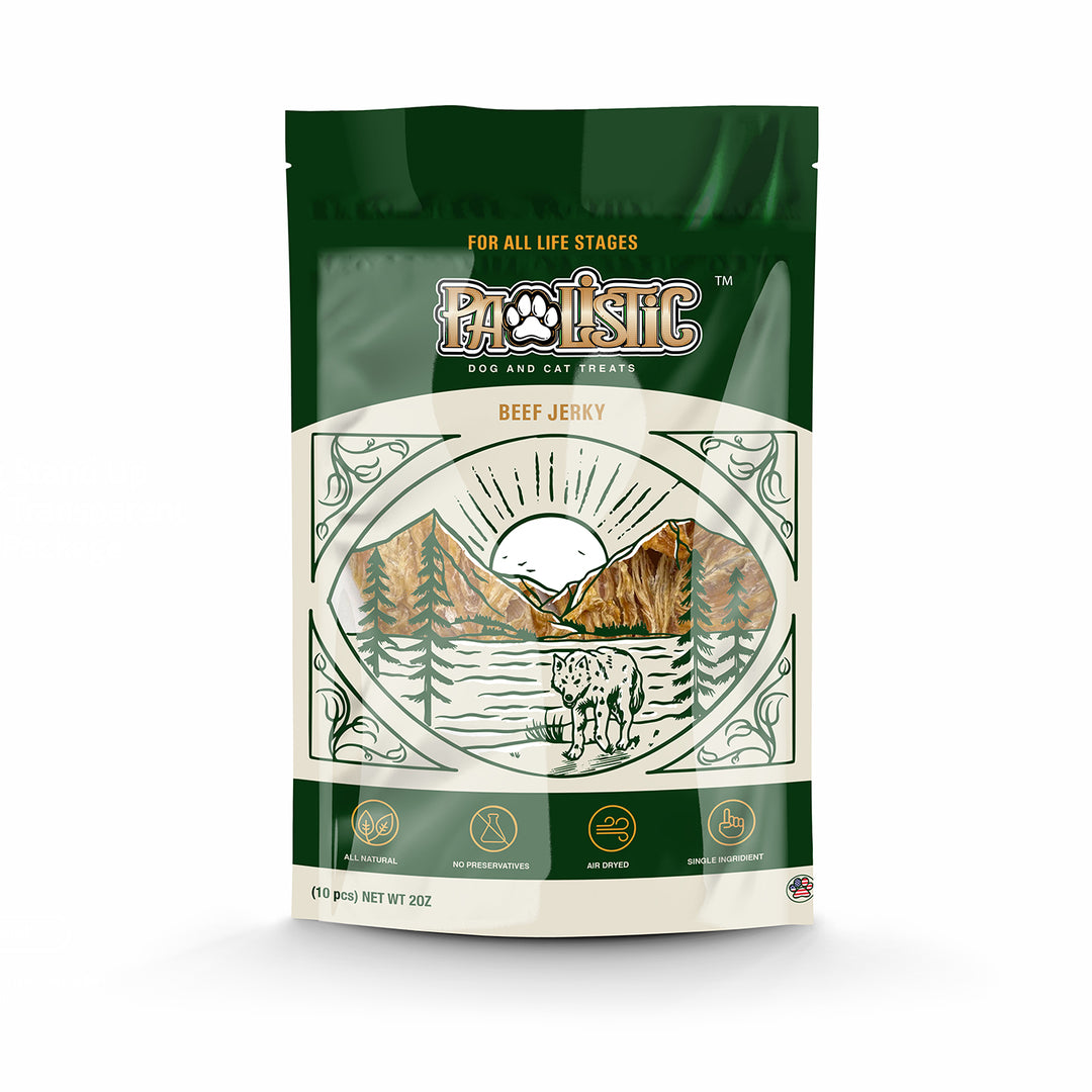 Image of Pawlistic Beef Jerky Treats for dogs and cats, showcasing the packaging that highlights the all-natural ingredients and high-protein content. The bag emphasizes the nutritious benefits and delicious flavor of these treats for pets.