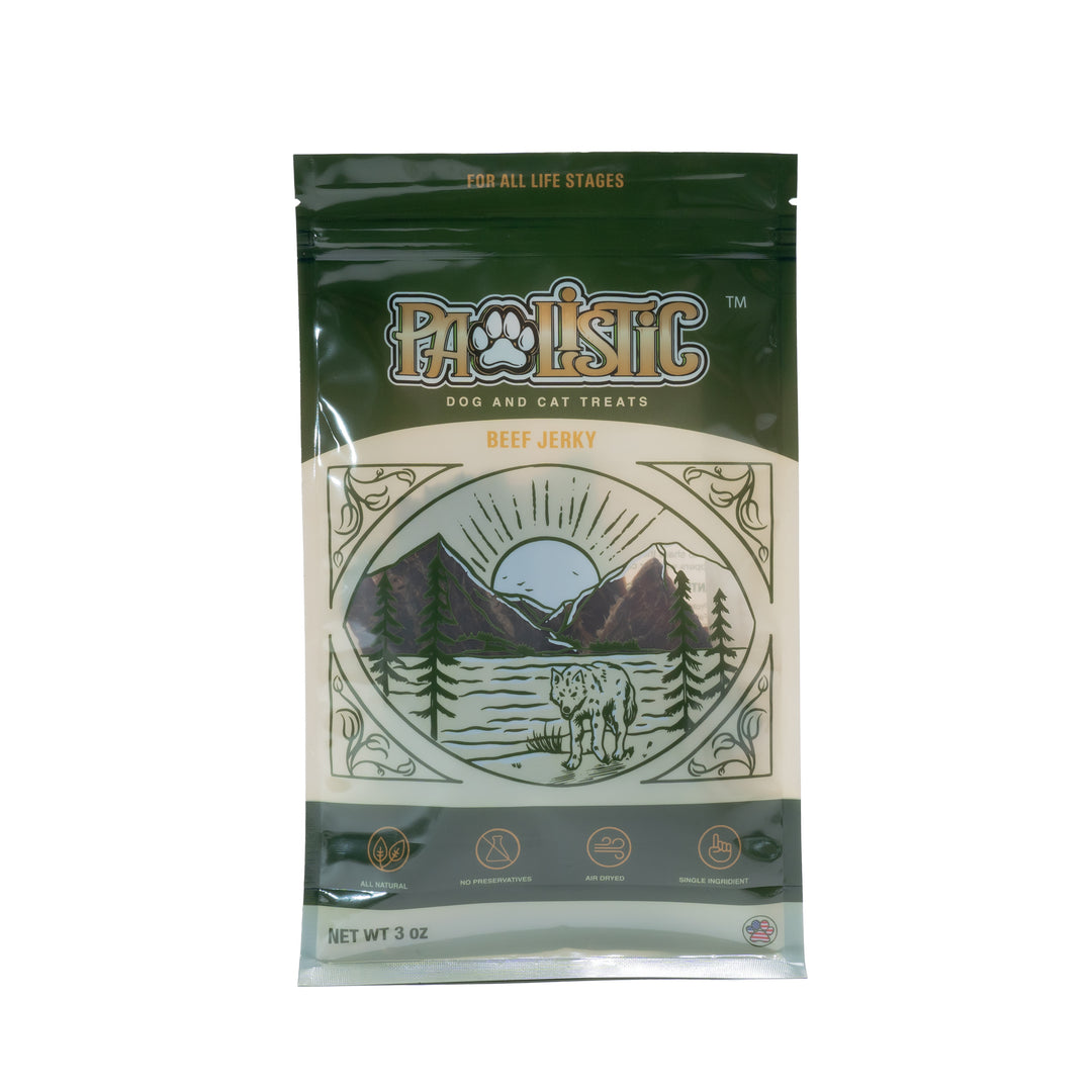 Image of Pawlistic Beef Jerky Treats for dogs and cats, showcasing the packaging that highlights the all-natural ingredients and high-protein content. The bag emphasizes the nutritious benefits and delicious flavor of these treats for pets.