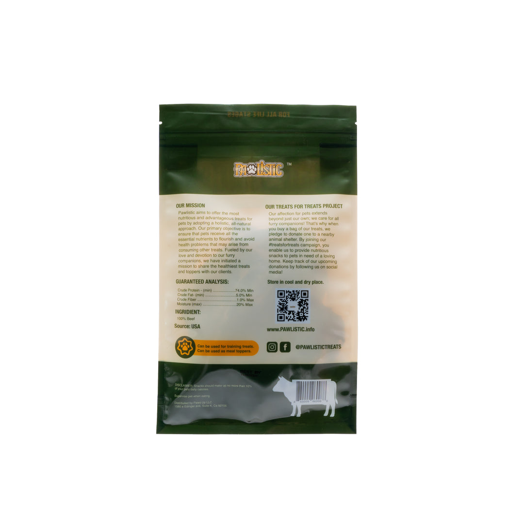 Image of Pawlistic Beef Jerky Treats for dogs and cats, showcasing the packaging that highlights the all-natural ingredients and high-protein content. The bag emphasizes the nutritious benefits and delicious flavor of these treats for pets.