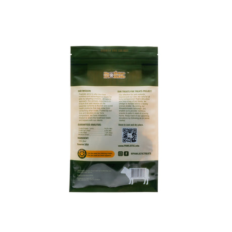 Image of Pawlistic Beef Jerky Treats for dogs and cats, showcasing the packaging that highlights the all-natural ingredients and high-protein content. The bag emphasizes the nutritious benefits and delicious flavor of these treats for pets.