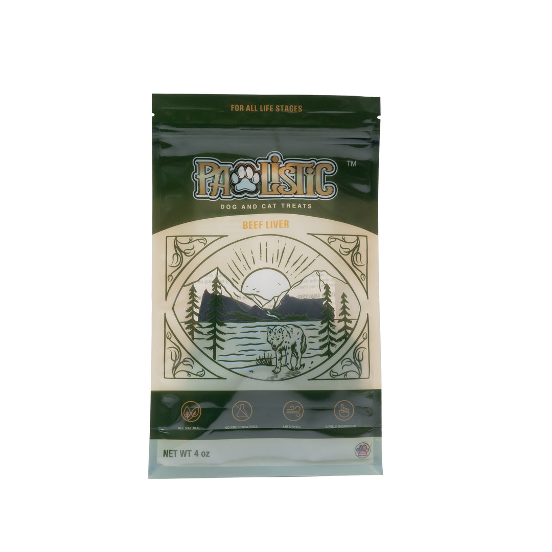 Close-up image of Pawlistic Beef Liver treats inside the packaging. The display highlights the all-natural, high-protein liver pieces, emphasizing their quality and nutritional benefits for pet owners looking for healthy options for their dogs and cats.