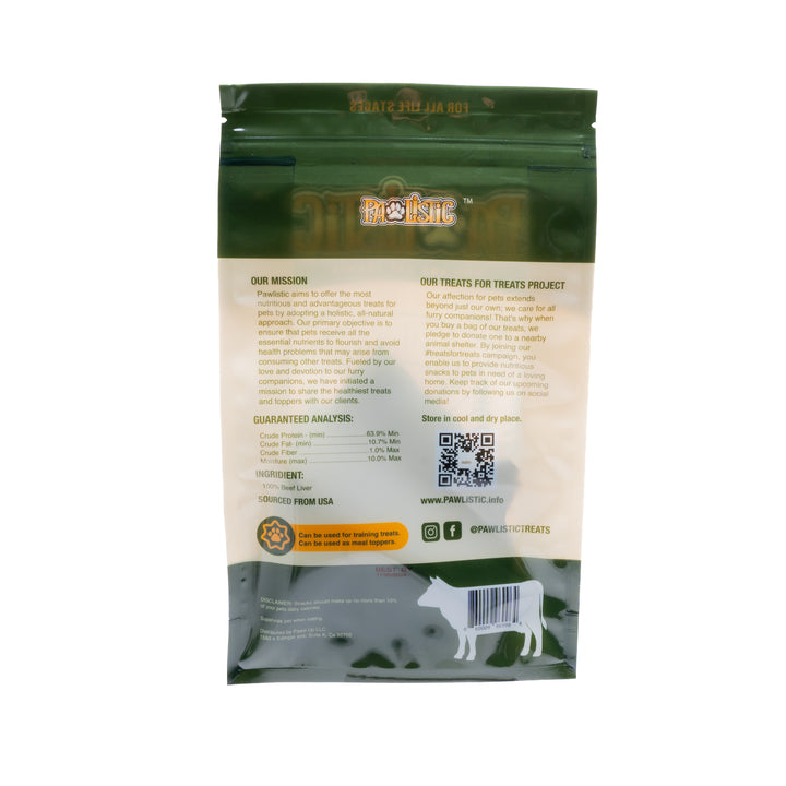 Close-up image of Pawlistic Beef Liver treats inside the packaging. The display highlights the all-natural, high-protein liver pieces, emphasizing their quality and nutritional benefits for pet owners looking for healthy options for their dogs and cats.