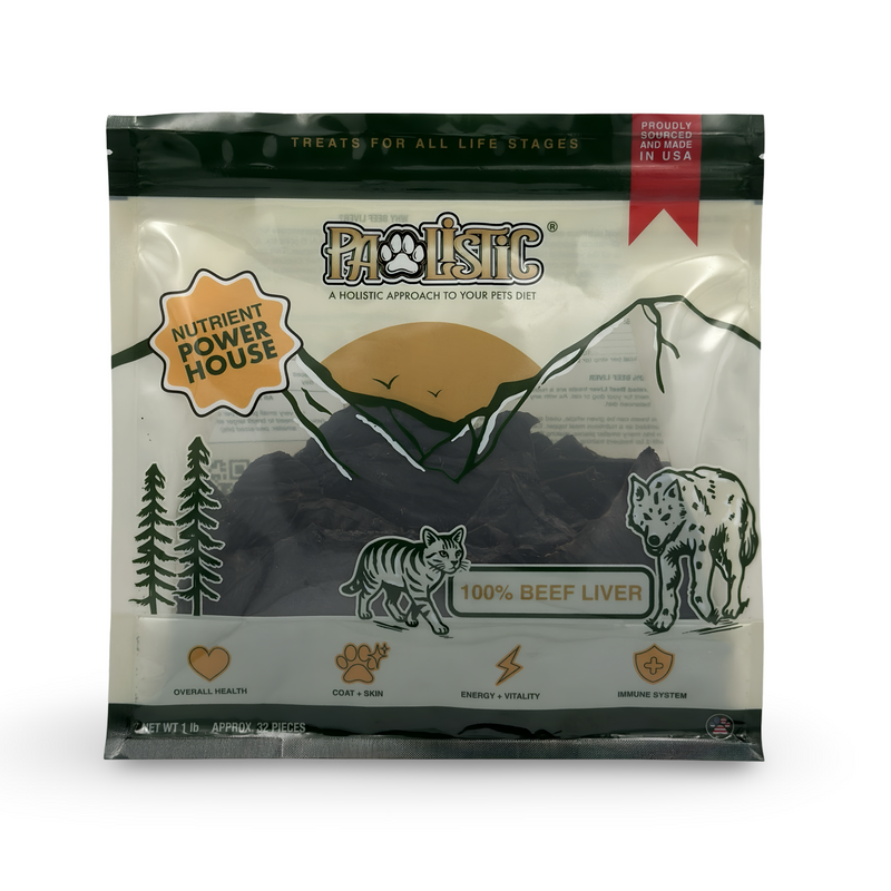 An eye-level shot of a ProLiscit Pawlistic Beef Liver Treats bag, showcasing the brand's logo, clear product title, and a list of key features. The packaging has a clean design with a white background and a picture of a single beef liver treat.