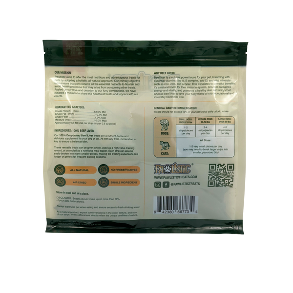 An eye-level shot of the back of a ProLiscit Pawlistic Beef Liver Treats bag, featuring detailed product information. The label includes a full list of ingredients, guaranteed analysis, and specific feeding guidelines tailored to different dog sizes. Nutritional benefits and a brief brand story are also visible, all set against the white background of the packaging.