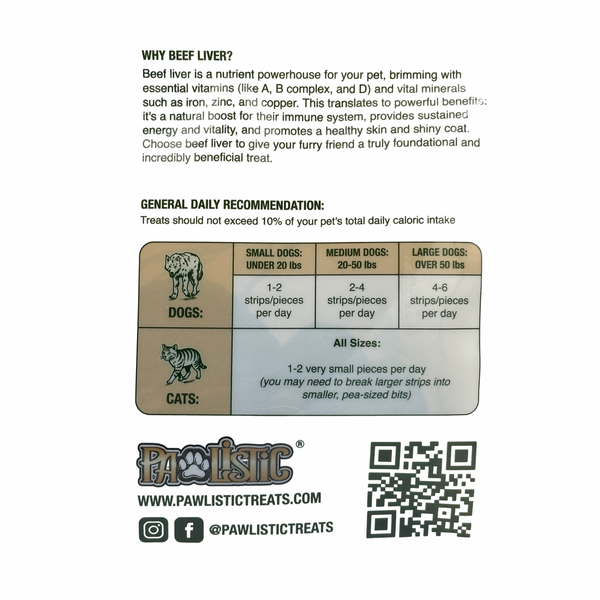 An eye-level shot of the back of the ProLiscit Pawlistic Beef Liver Treats packaging, featuring a clear, easy-to-read chart detailing recommended feeding guidelines based on a dog's weight and size.