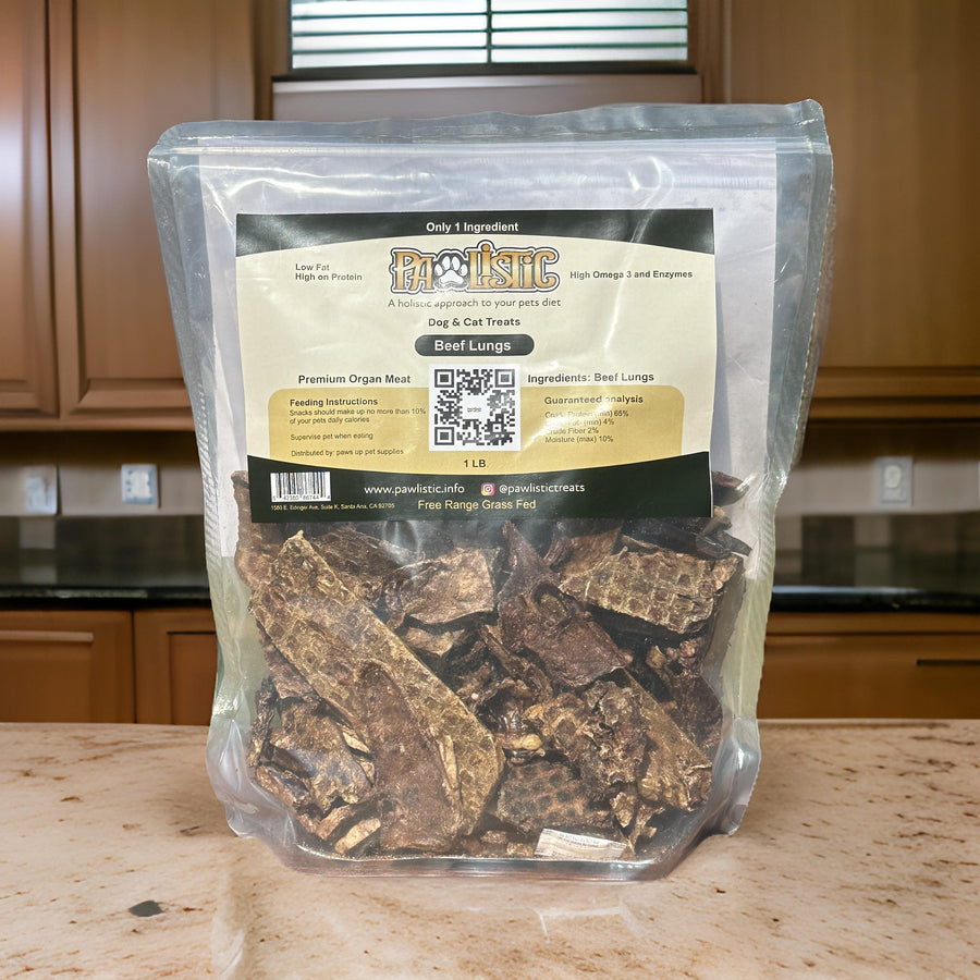 Package of 1 lb Pawlistic Beef Lungs dog and cat treats, showcasing the premium, natural snacks made from free-range, grass-fed beef. The packaging highlights its single-ingredient, hormone-free, and antibiotic-free features, emphasizing the nutritious benefits for pets.