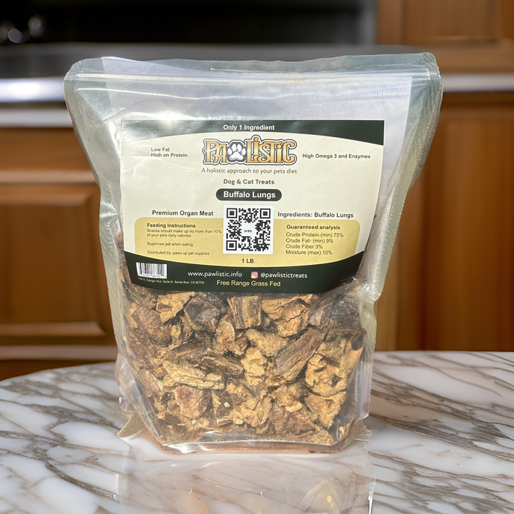 Package of 1 lb Pawlistic Buffalo Lungs dog and cat treats, showcasing premium, natural treats made from free-range, grass-fed buffalo. The packaging highlights its single-ingredient, hormone-free, and antibiotic-free features, emphasizing the nutritious benefits for pets.