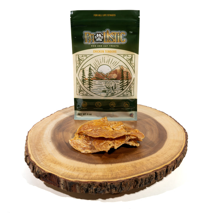 Image of Pawlistic Chicken Tenders for dogs and cats, showcasing strips of tender chicken breast displayed attractively. The packaging emphasizes the all-natural, high-protein treats, highlighting their nutritious benefits and irresistible flavor for pets.