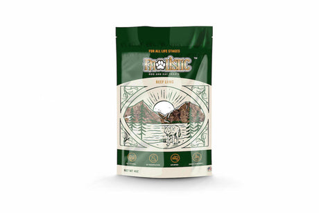 Image of Pawlistic Beef Lungs treats for dogs and cats, prominently displayed in front of the packaging. The crunchy pieces of beef lung highlight their all-natural, single-ingredient quality, showcasing the high-protein content and nutritional benefits for pets.