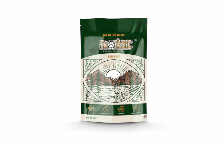 Image of Pawlistic Beef Lungs treats for dogs and cats, prominently displayed in front of the packaging. The crunchy pieces of beef lung highlight their all-natural, single-ingredient quality, showcasing the high-protein content and nutritional benefits for pets.