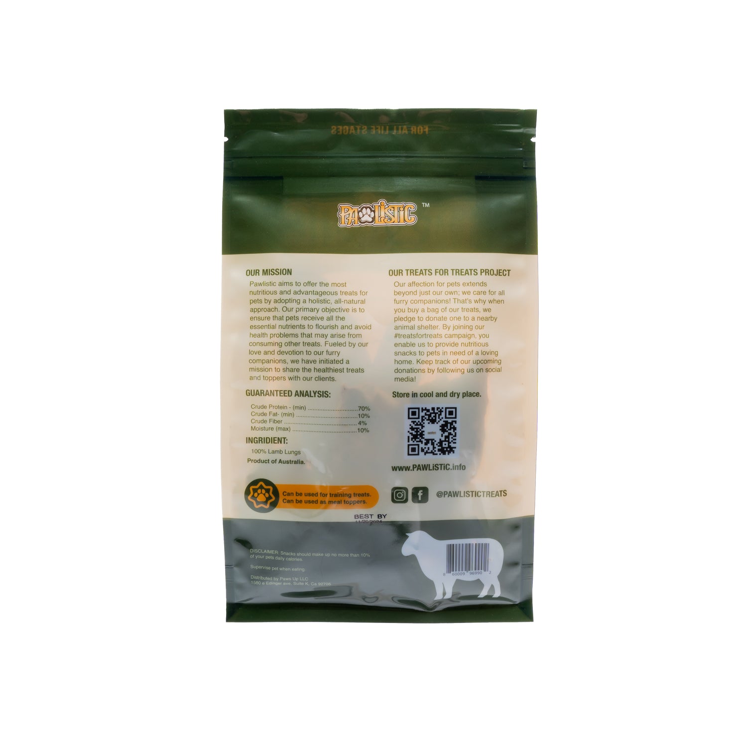 Image of Pawlistic Lamb Lungs treats for dogs and cats, showcasing the packaging that highlights the all-natural, single-ingredient treats. The treats are displayed to emphasize their high-protein content and nutritional benefits, appealing to pet owners looking for healthy options.