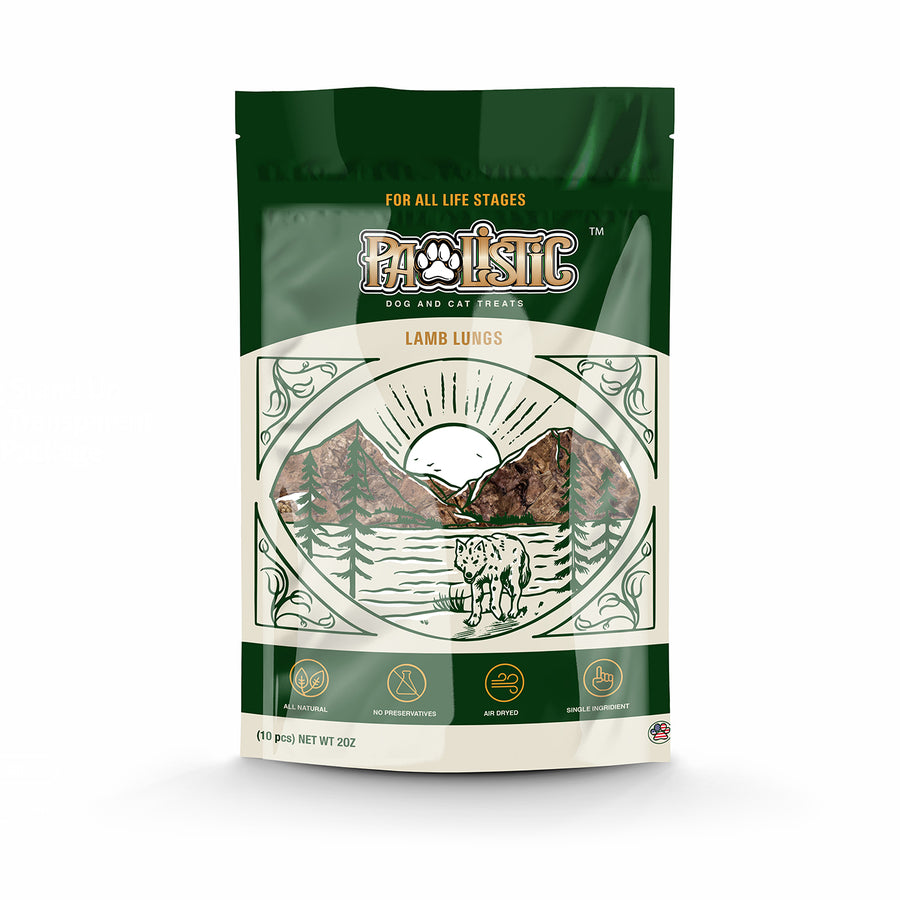 Image of Pawlistic Lamb Lungs treats for dogs and cats, showcasing the packaging that highlights the all-natural, single-ingredient treats. The treats are displayed to emphasize their high-protein content and nutritional benefits, appealing to pet owners looking for healthy options.