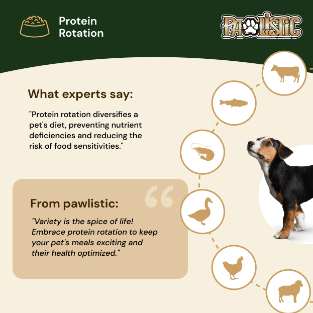 Image illustrating the benefits of protein rotation in a dog's diet, featuring various protein sources like beef, chicken, fish, and lamb. The graphic highlights how rotating proteins can improve digestion, support overall health, and prevent food sensitivities in dogs.