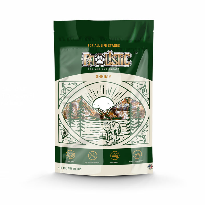 Image of Pawlistic Shrimp Treats for dogs and cats, showcasing the all-natural, high-protein snacks. The treats are displayed attractively to highlight their quality, emphasizing their nutritional benefits and delicious flavor for pets.