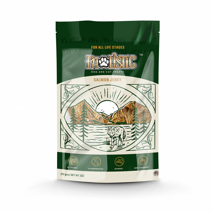 Image of Pawlistic Salmon Jerky treats for cats and dogs, showcasing the packaging that highlights the all-natural ingredients and high-protein content. The bag emphasizes the nutritious benefits and delicious flavor of these treats for pets.