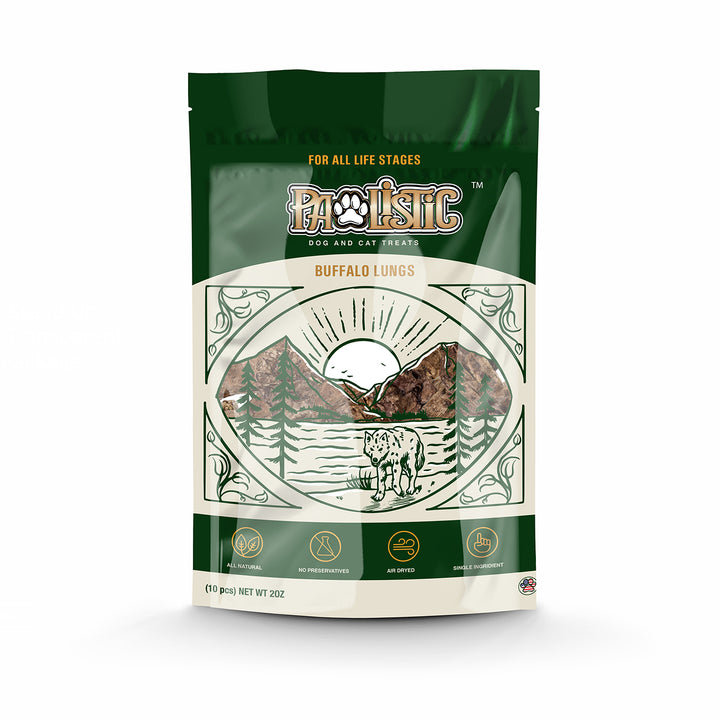 Image of Pawlistic Buffalo Lungs treats for dogs and cats, featuring crunchy pieces of buffalo lung displayed attractively in front of the packaging. The bag highlights the all-natural, single-ingredient treats, emphasizing their high-protein content and nutritional benefits for pets.