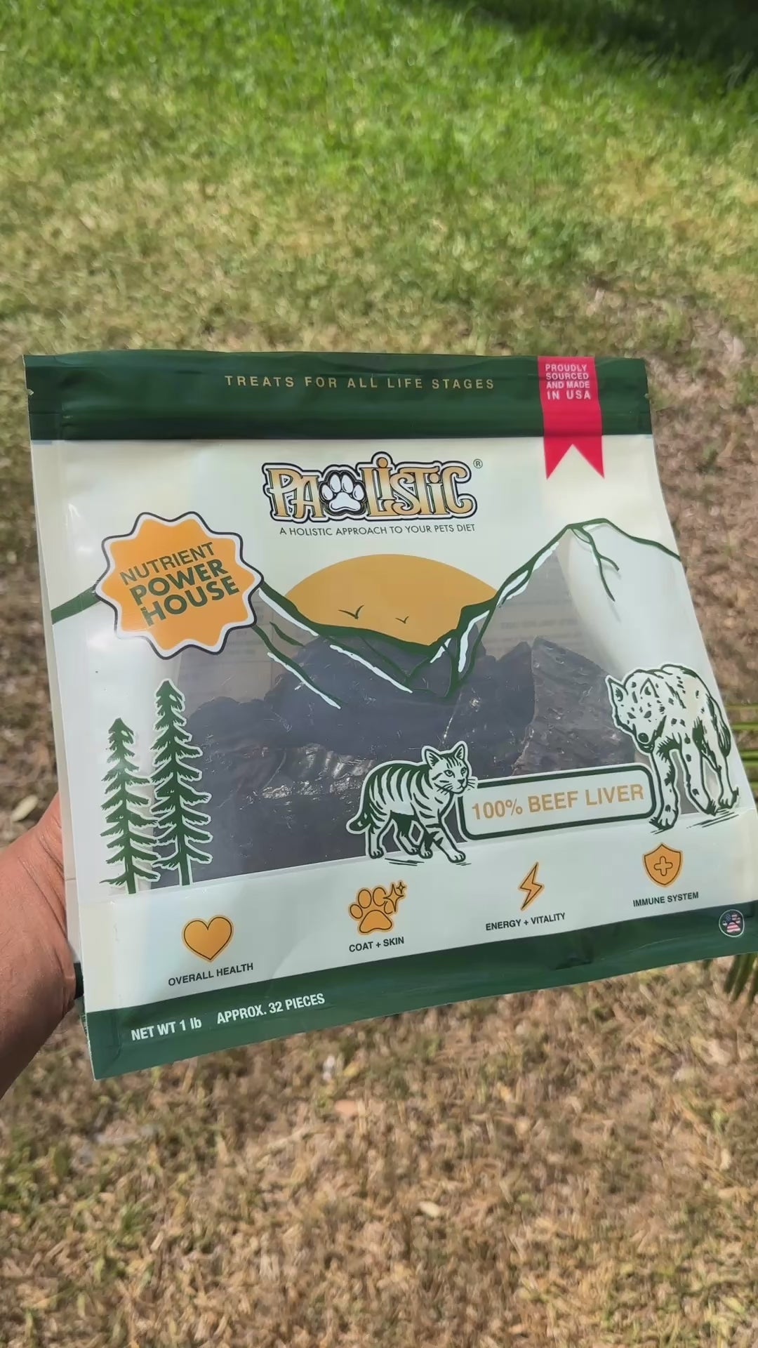 A video by the Pawlistic team demonstrating their beef liver treats. The video highlights health benefits and shows the treats being used as a meal topper, featuring a dog eating them, with captions included.
